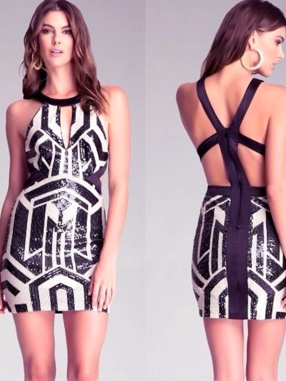 BEBE Black Cream Sequin Dress